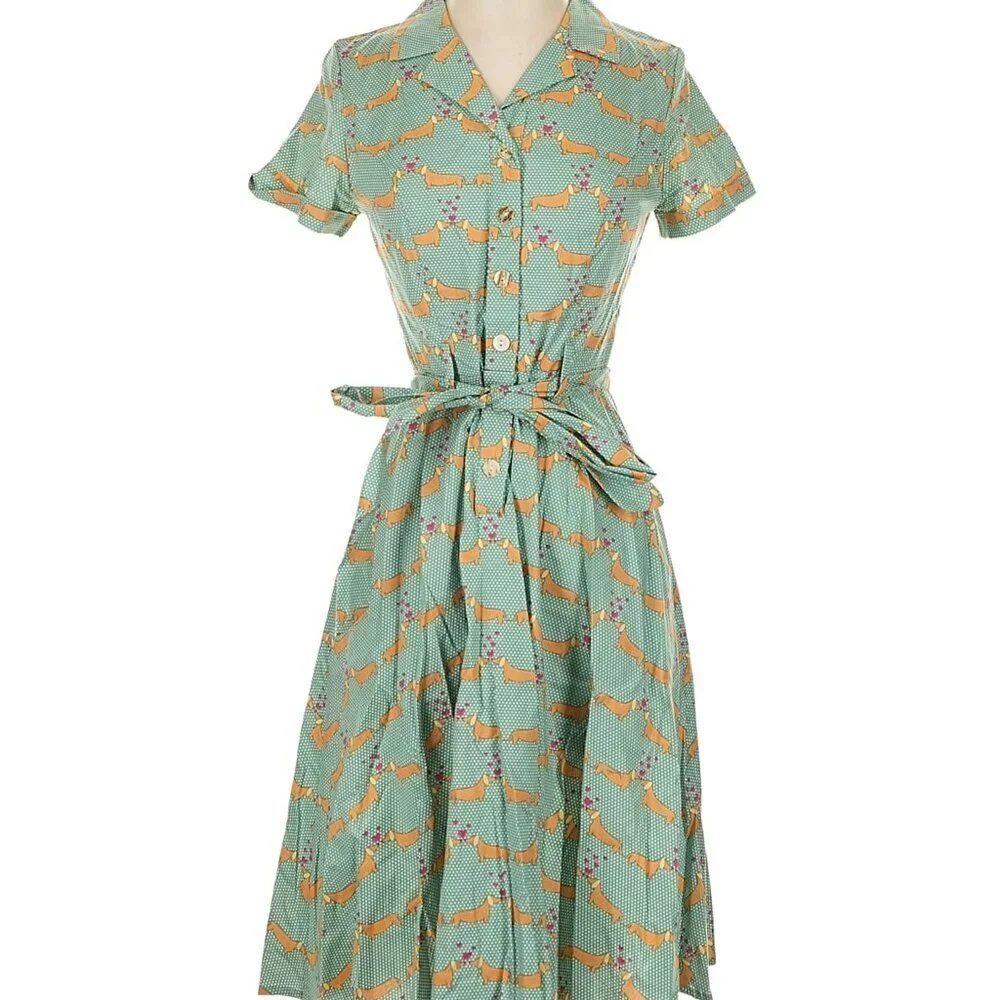 Modcloth Green Dachshund Print Puppy Love Shirt Dress